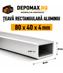 Teava rectangulara aluminiu 80 x 40 x 4 mm, 6 metri (EN AW-6060)